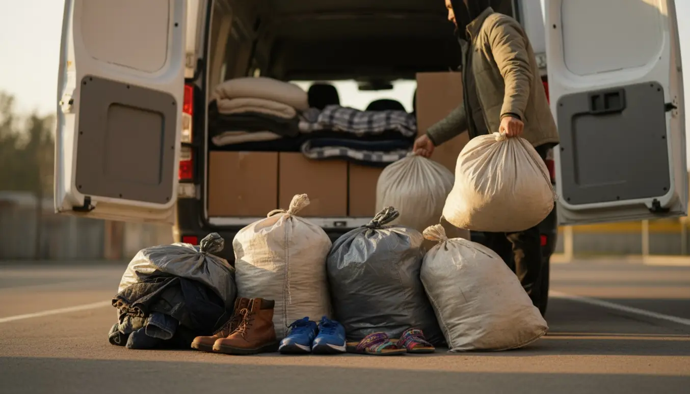 Fyldte sække med tøj og sko læsses i en nødhjælpsvogn af en frivillig.