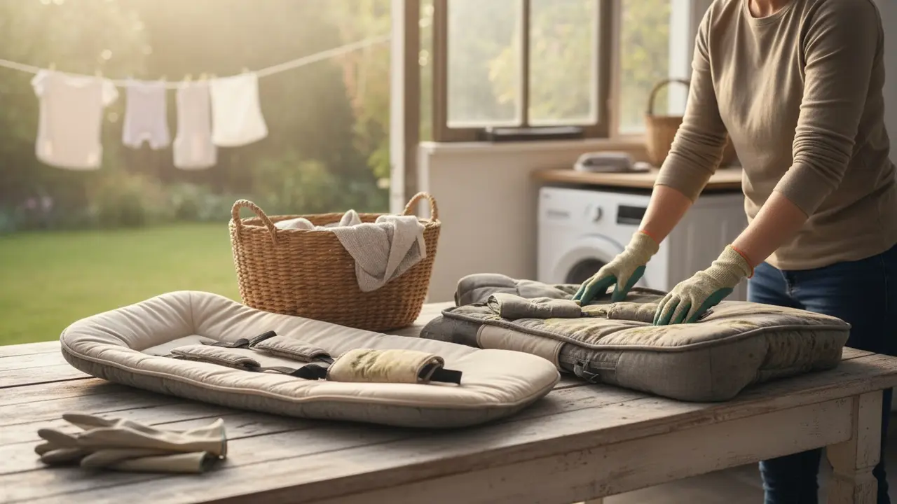 Aftagelige barnevognstekstiler lagt frem med synlige mugpletter klar til vask