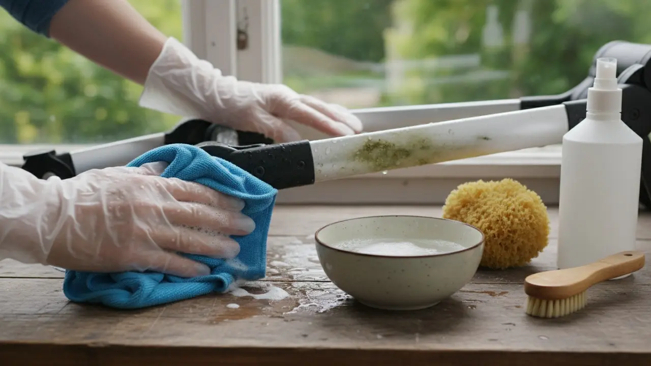 Hænder med gummihandsker rengør stel og plast med mikrofiberklud og mildt sæbevand