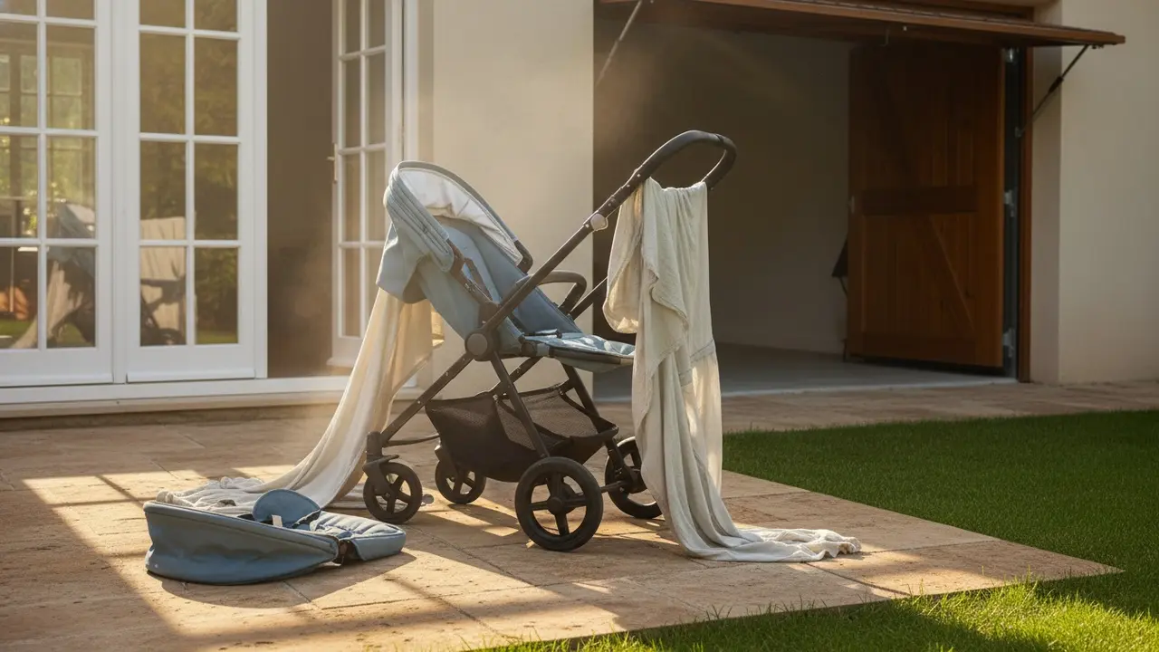 Åbnet barnevogn luftet i direkte sollys på terrasse for at tørre og forebygge skimmel