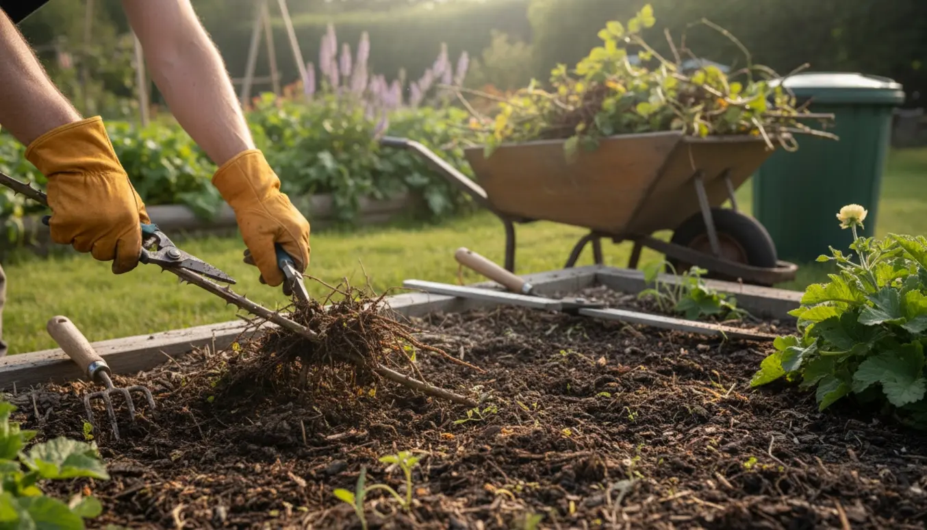 Handskerede hænder fjerner tornede brombær og luger et havebed i blødt morgenlys.