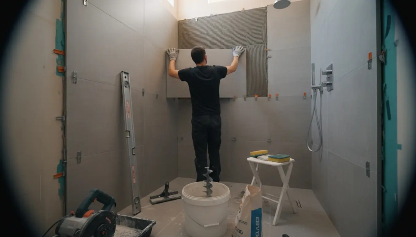 En håndværker monterer store keramiske vægfliser i en bruseniche med værktøj og fliseklæber synligt.