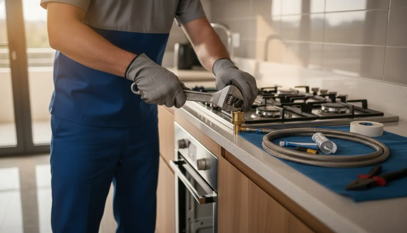 En VVS‑montør afmonterer et gaskomfur og spænder en messingprop på gasrøret i et lyst køkken.