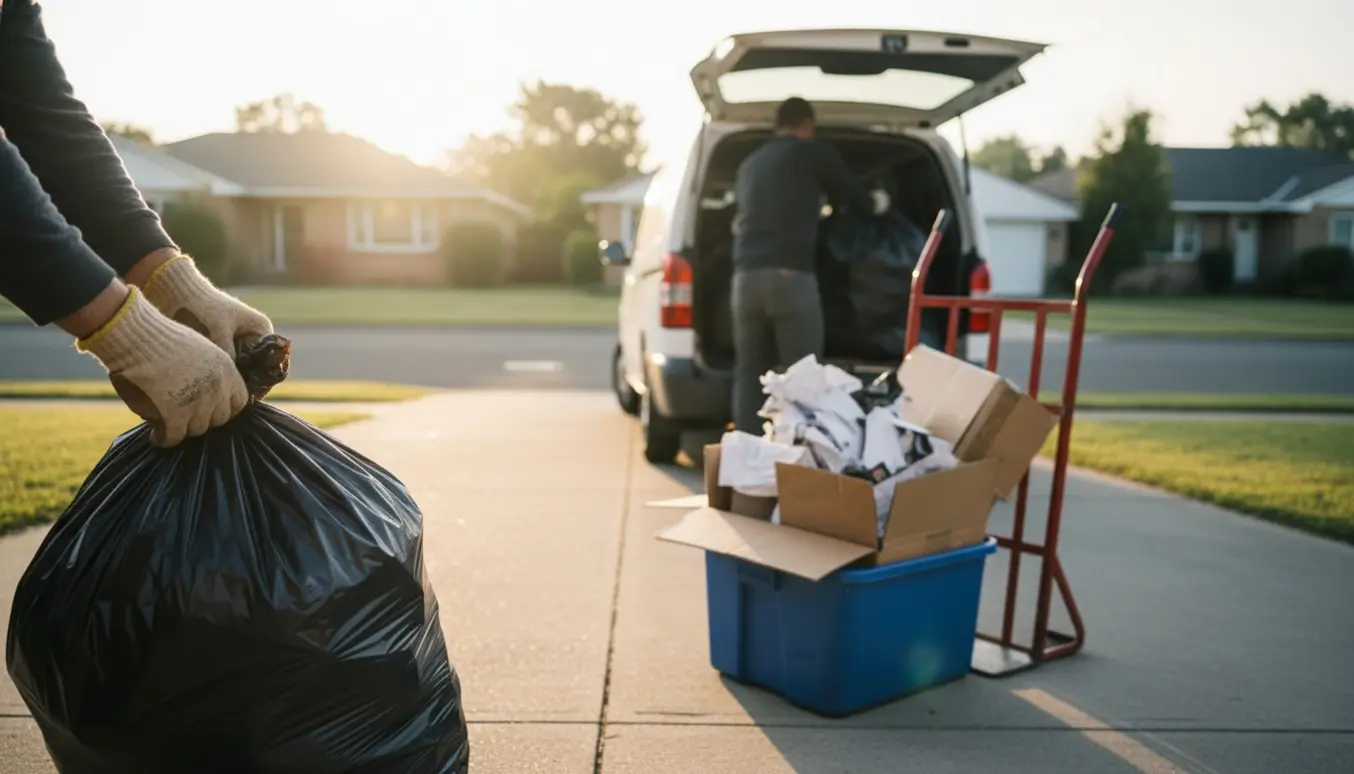 Affaldsposer bliver læsset i en varevogn på fortovet tidligt om morgenen.