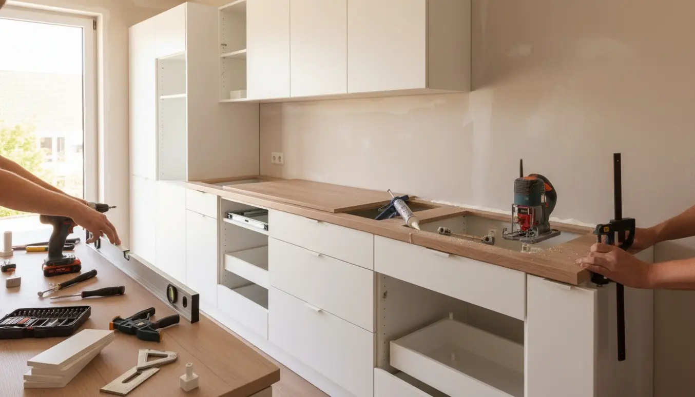 Installatører monterer METOD-køkkenskabe og tilpasser en bordplade med udskæring til kogeplade.