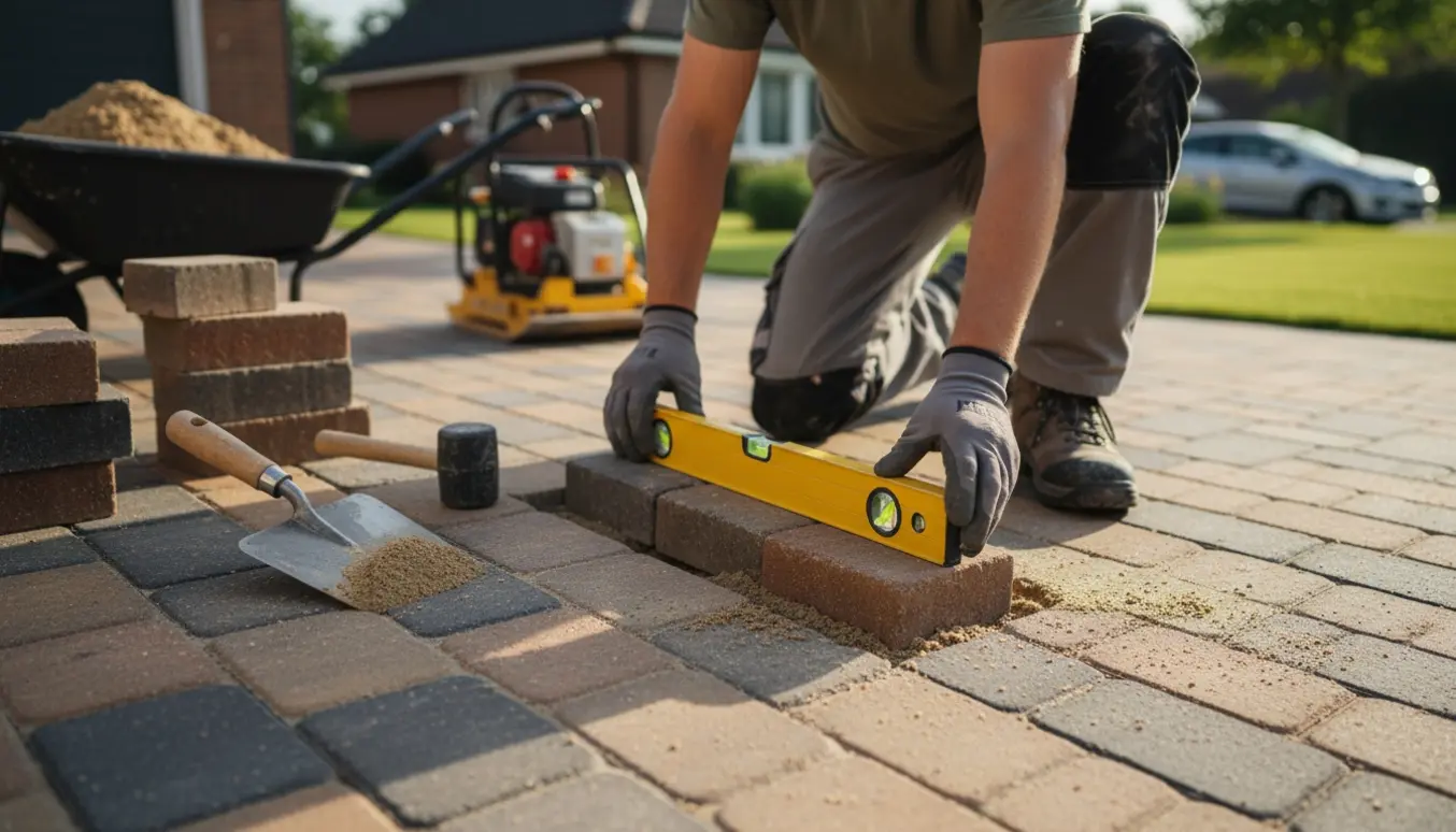Nærbillede af udbedring af belægningssten i en indkørsel med vaterpas og gummihammer.