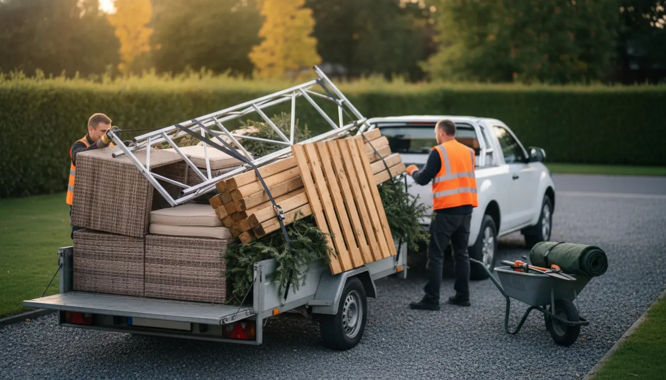 Trailer med polyratanbænk, aluminiums-pavillonstel, hegn og en bunke grangrene klar til afhentning.