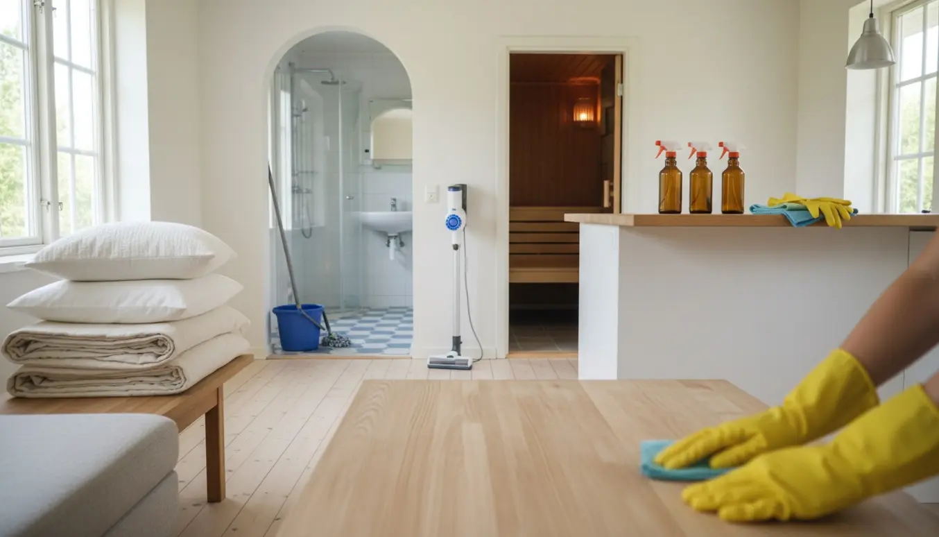 Lyst og ryddeligt sommerhusinteriør med rengøringsudstyr og hænder, der pudser overflader.