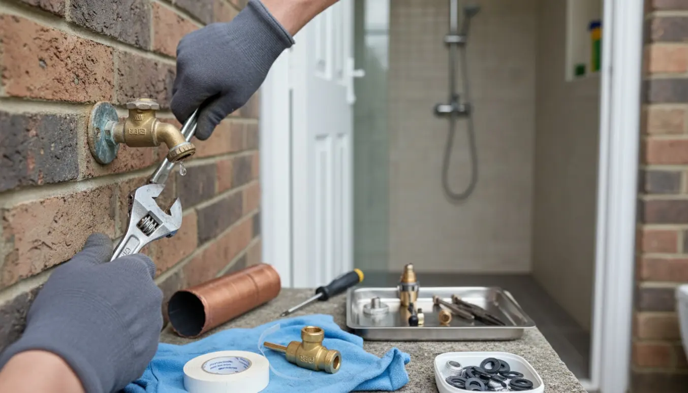 Håndværker udskifter en frostskadet udendørshan med værktøj og ny afspærringsventil, mens brusearmaturet er adskilt i baggrunden.