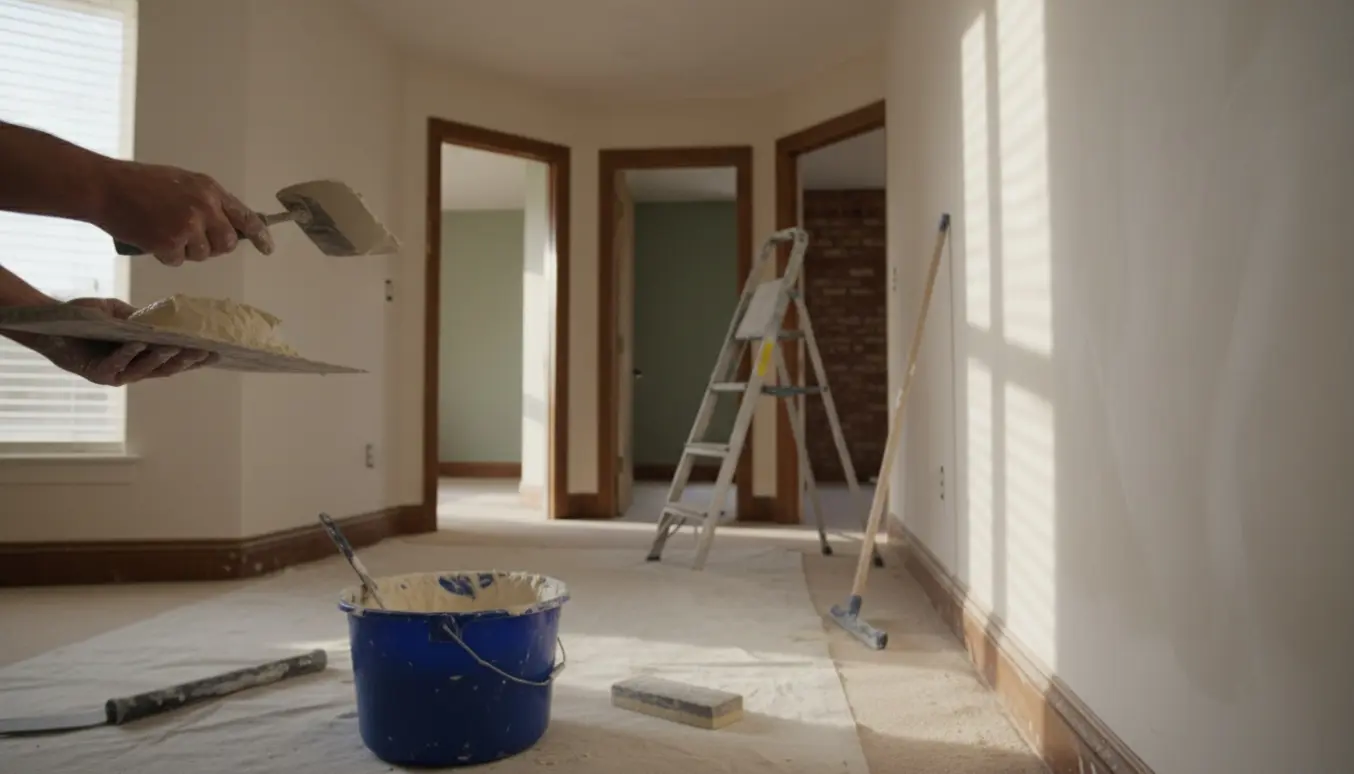 Hænder spartler og pudser en indvendig væg i et soloplyst rum med værktøj og afdækning.