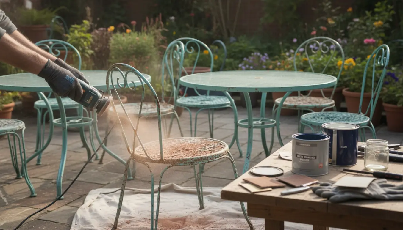 Hænder i handsker sliber et rustent jernhavemøbel på en solrig terrasse med borde, stole og malerbøtter.