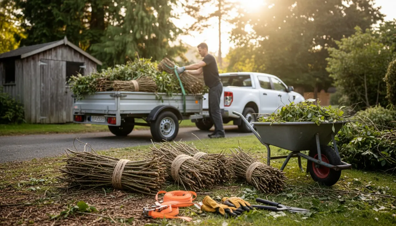 En person læsser beskårne grene og krat på en pickup og trailer i en solrig indkørsel.