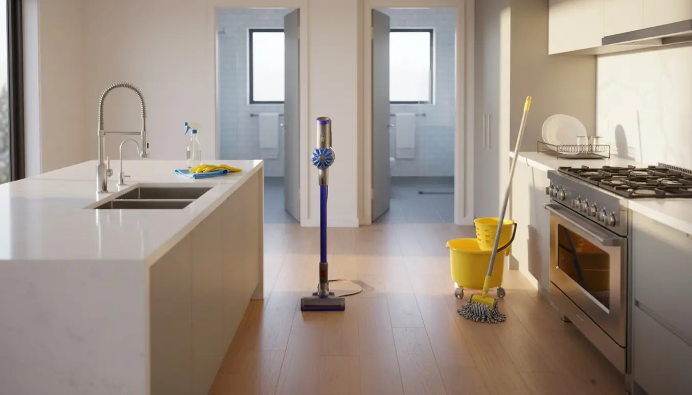 Rene køkken- og gangområde med støvsuger, moppe og klude og åbne døre til to rene badeværelser.