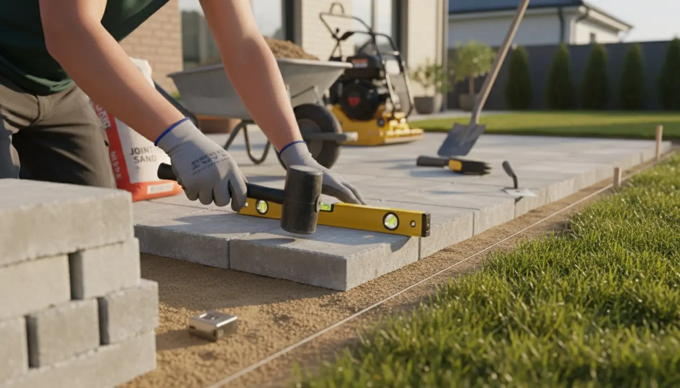 Nærbillede af fliselægning på for- og bagterrasse med hænder, værktøj og stabler af fliser.
