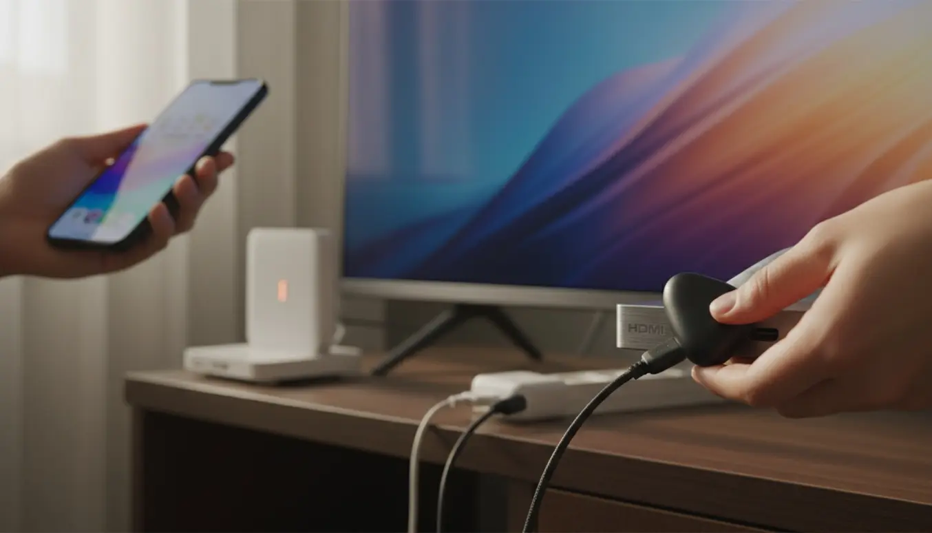 Hænder tilslutter en Chromecast til TV'ets HDMI-port i en moderne stue.