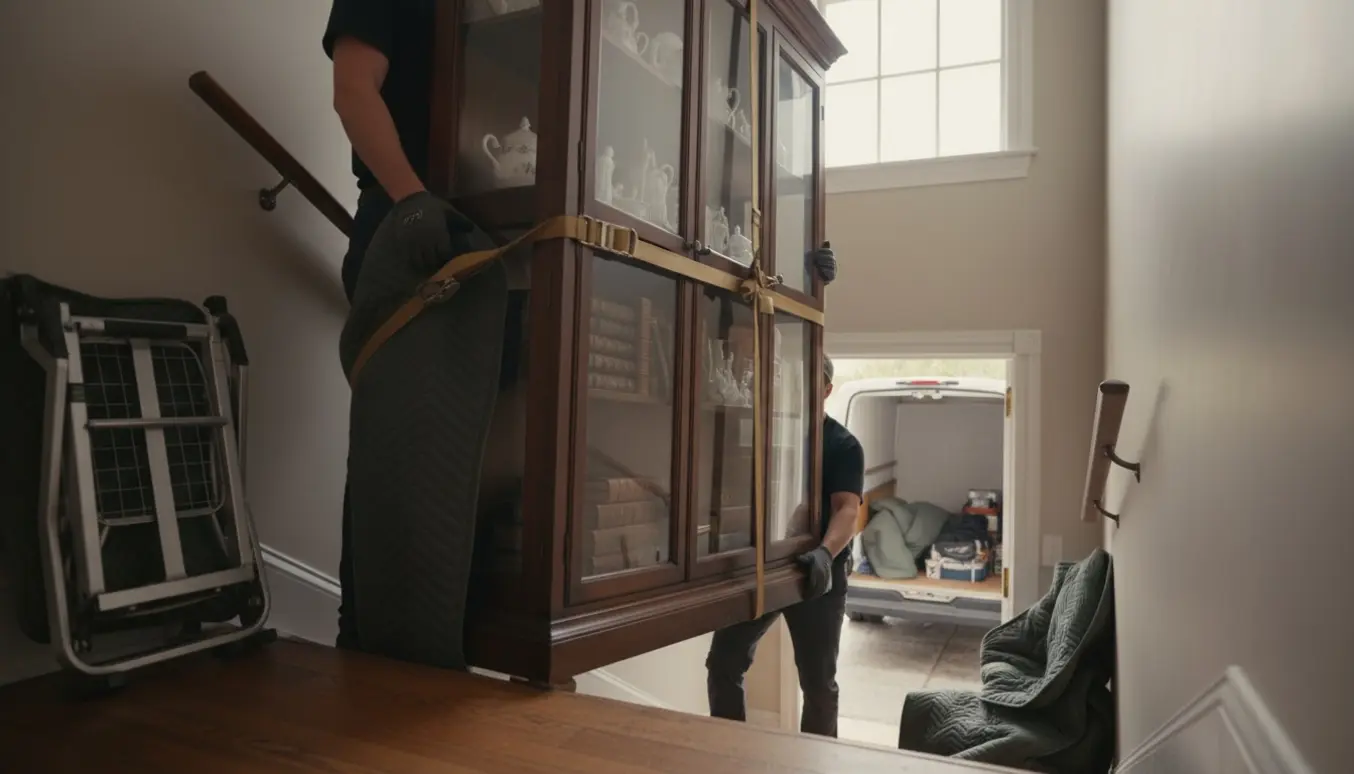 To flyttefolk bærer et stort glasvitrineskab op ad en opgangstrappe med flyttebil og beskyttelsestæpper i baggrunden.