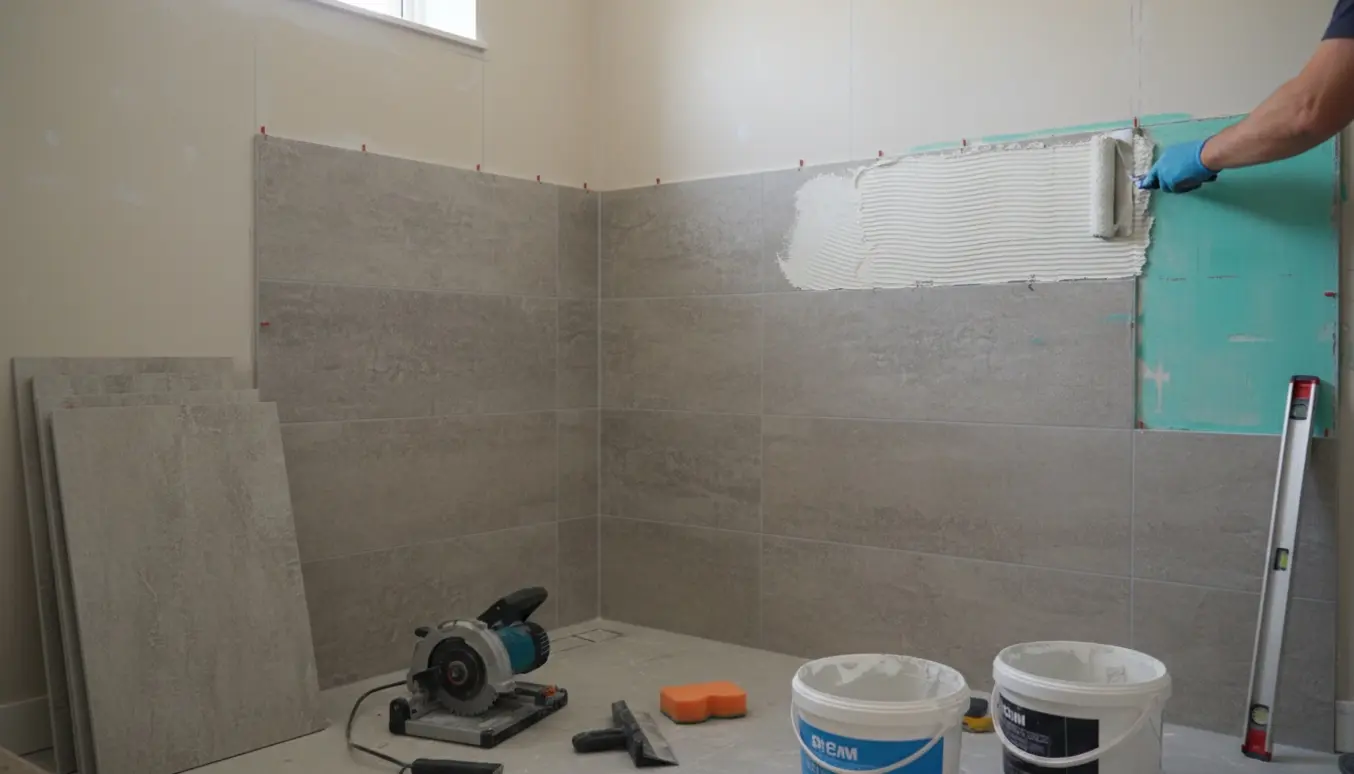 Bruseområde under flisearbejde med store fliser, vådrumsmembran, fliseklæb og værktøj, uden tydelige ansigter.