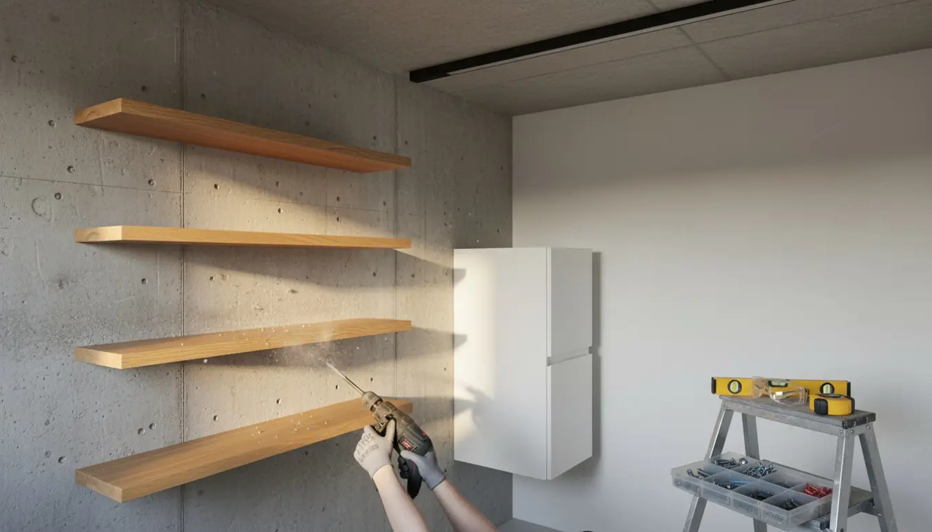 Håndværker med handsker borer i betonvæg for at montere hylder, med toiletskab ved en gipsvæg og lampe-skinne klar på loftet.