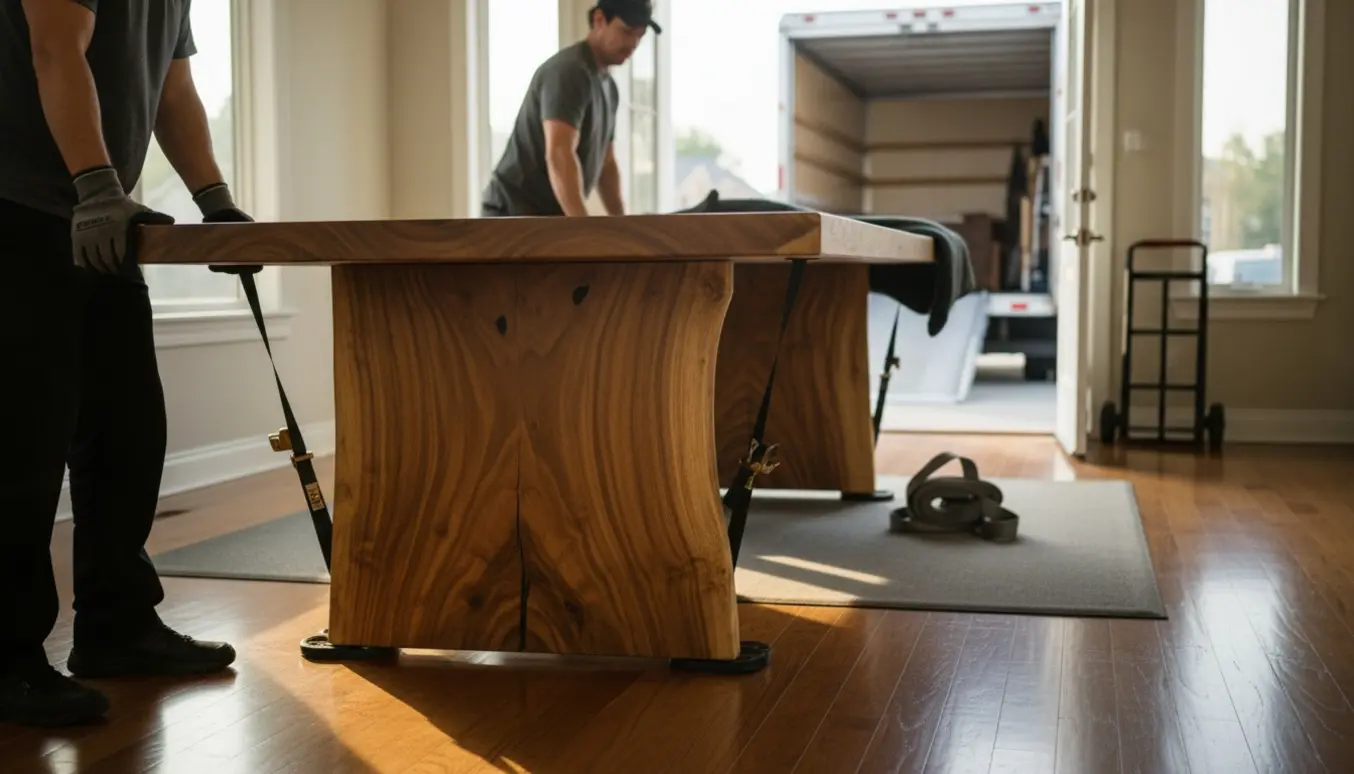 To personer bærer et stort suar træbord ind i en solbelyst stue med flytteudstyr omkring.