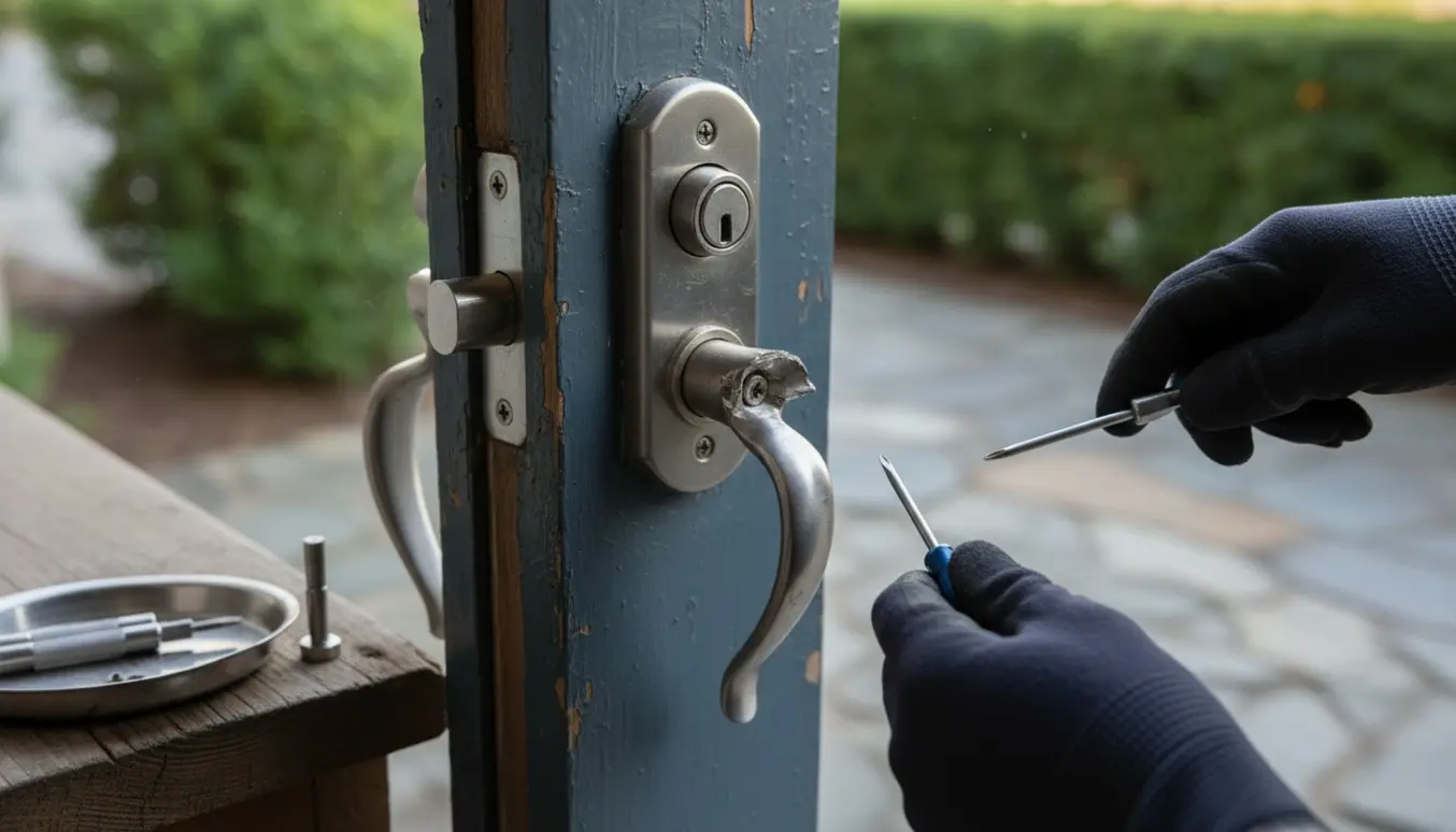 Nærbillede af et knækket dørhåndtag på en hoveddør med trepunktslås, hvor en låsesmed arbejder på låsen.