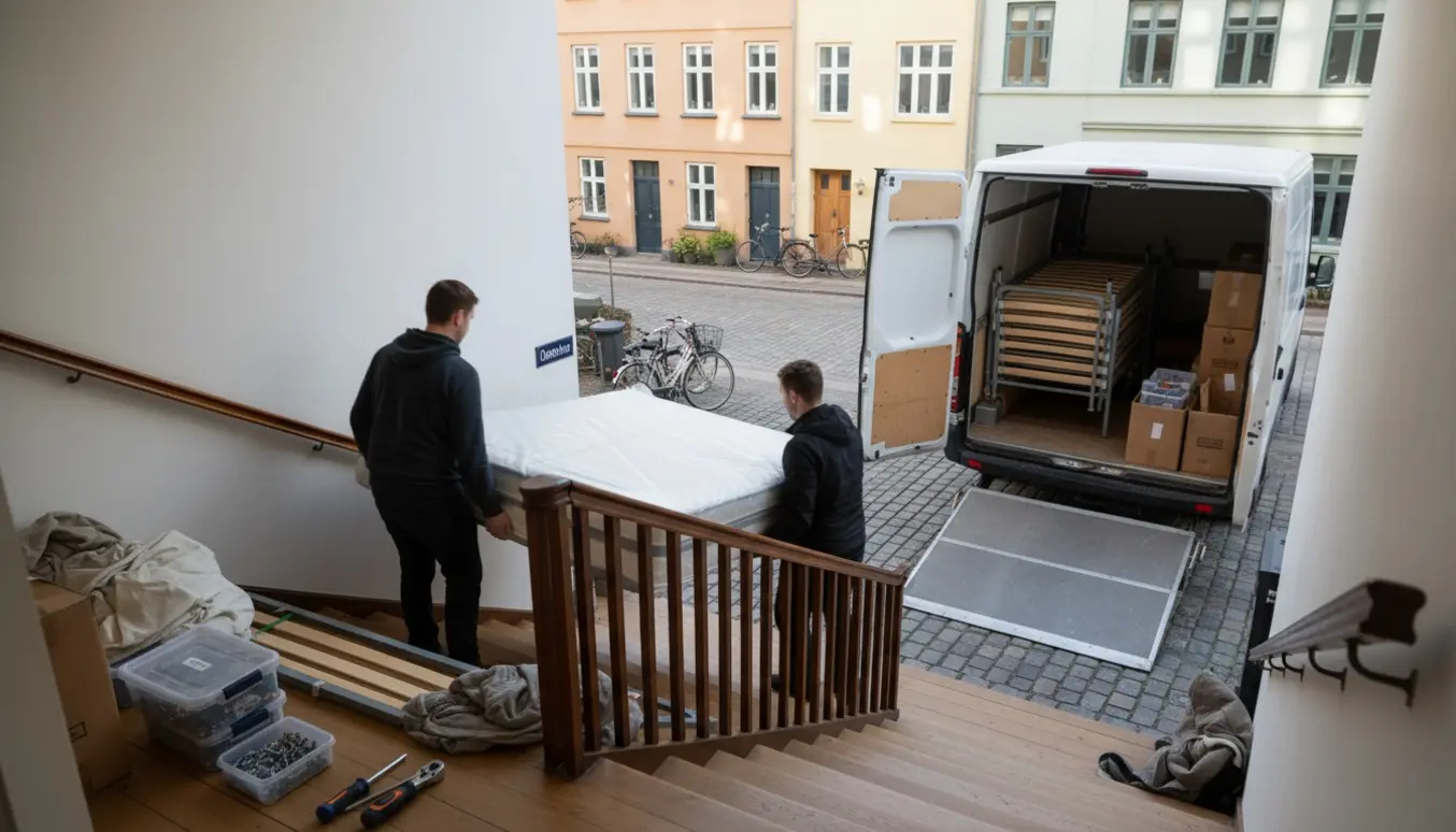 Flyttefolk bærer en indpakket madras og læsser sengedele i en flyttevogn på en rolig Østerbro-gade.