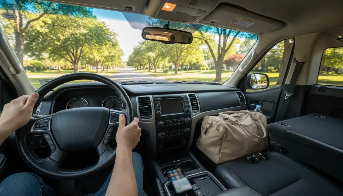 Interiør af en stor personbil set fra førerens vinkel, klar til en planlagt rundtur med bagage på bagsædet.