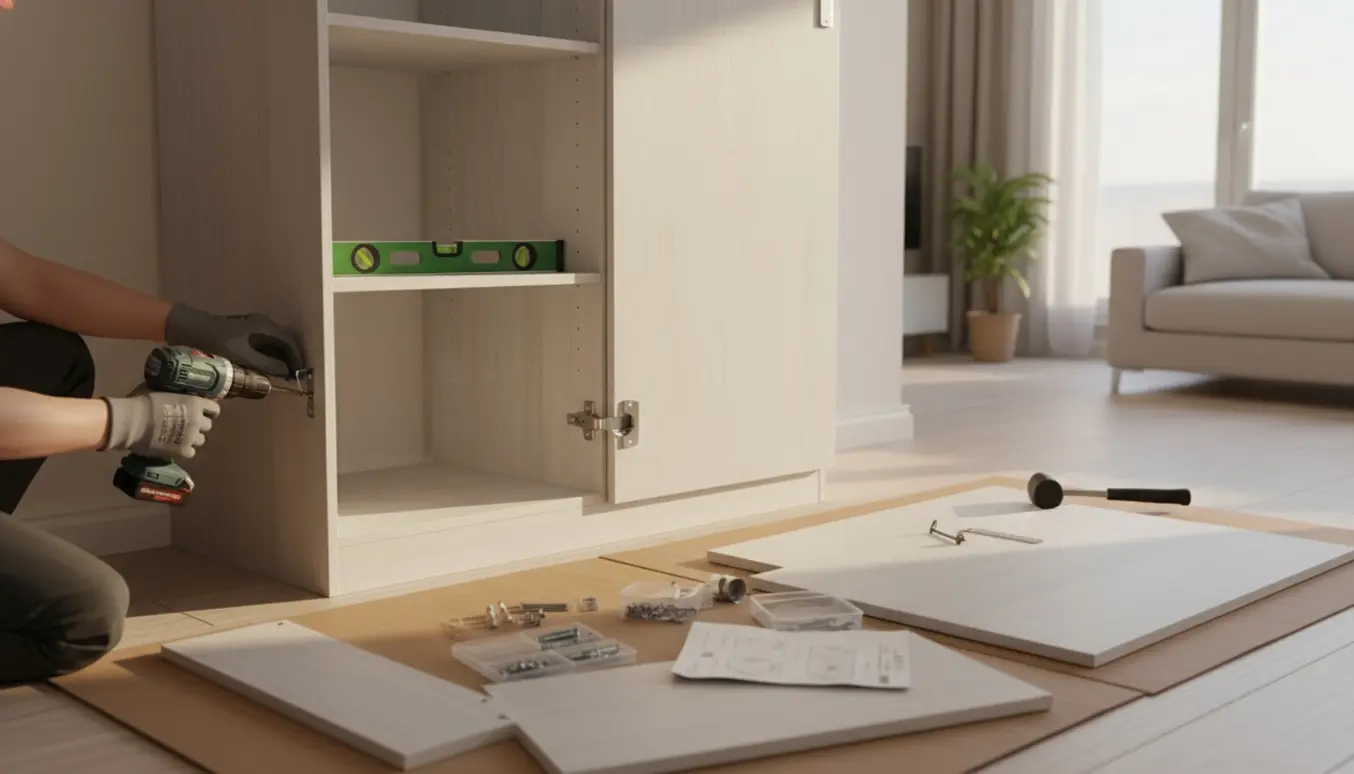 Delvist samlet Limfjorden-skab (120×200 cm) i et lyst rum med værktøj og hænder, der monterer det.