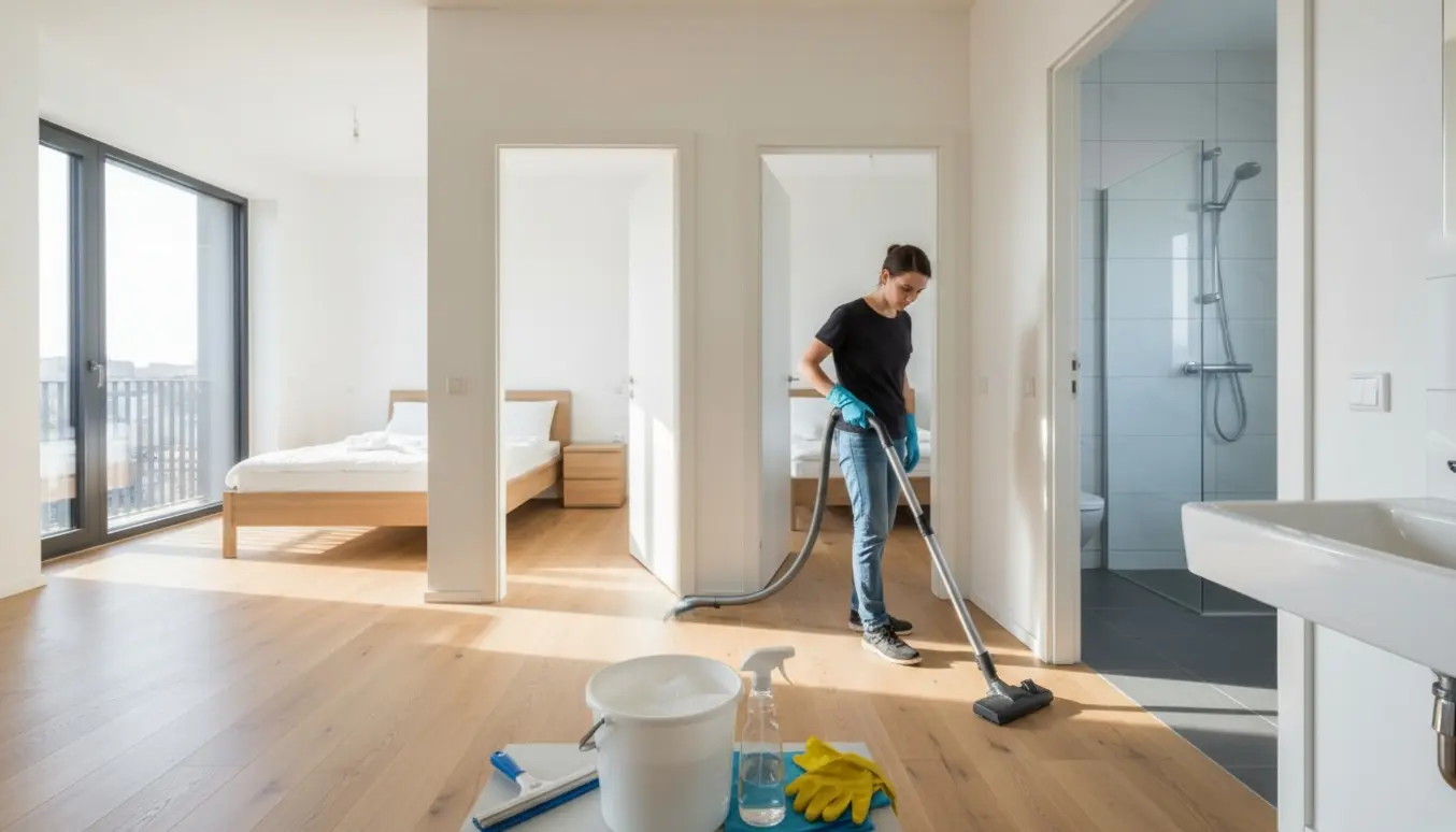 Glovede hænder støvsuger en lys, nyrengjort lejlighed med to soveværelser og et skinnende badeværelse.