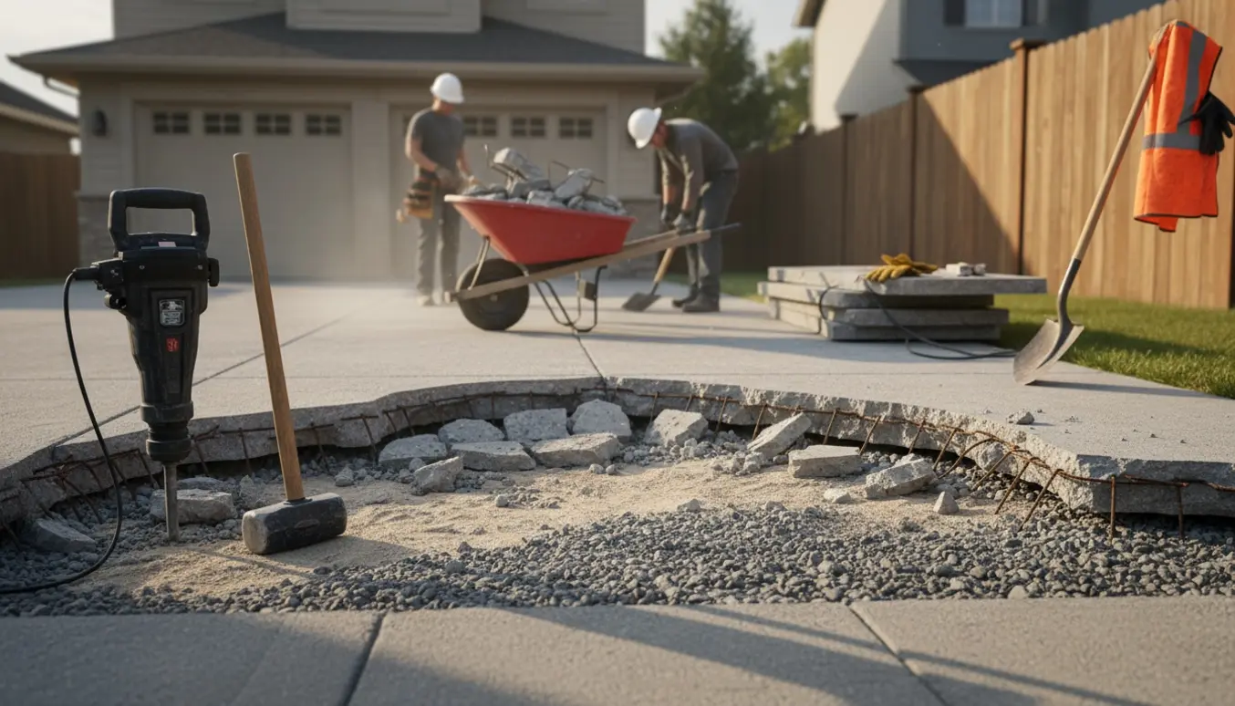 Opbrudt betonindkørsel med brudte betonstykker, værktøj og trillebør foran et parcelhus.