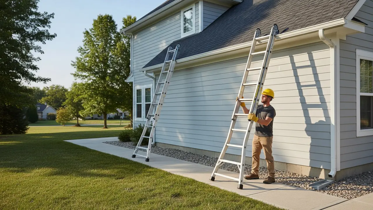 Stige sat op mod tagkanten i korrekt 4:1-vinkel med person i sikkerhedsudstyr