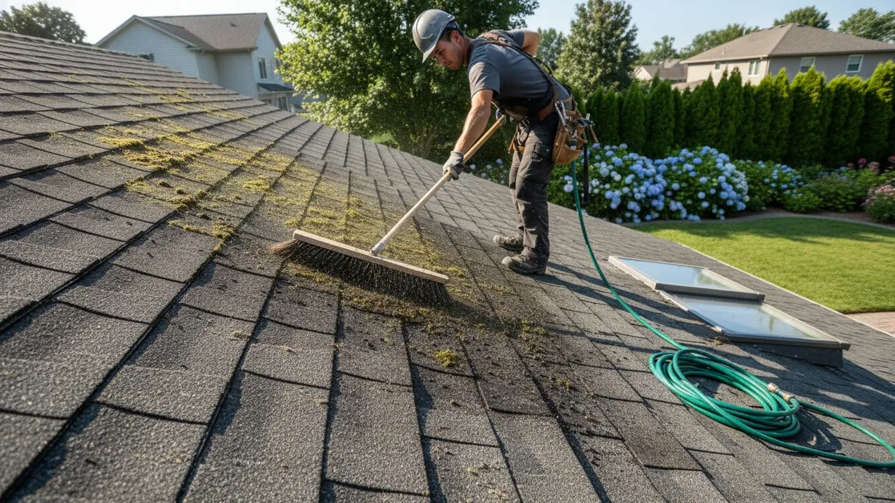 Arbejder på tag bruger stiv børste og fjerner mos fra tagryg ned mod tagrenden