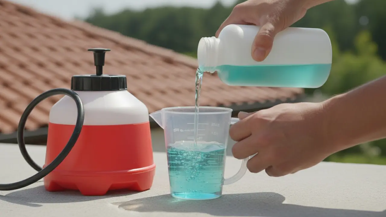 Havesprøjte og målebæger ved påfyldning af koncentreret algerens klar til dosering