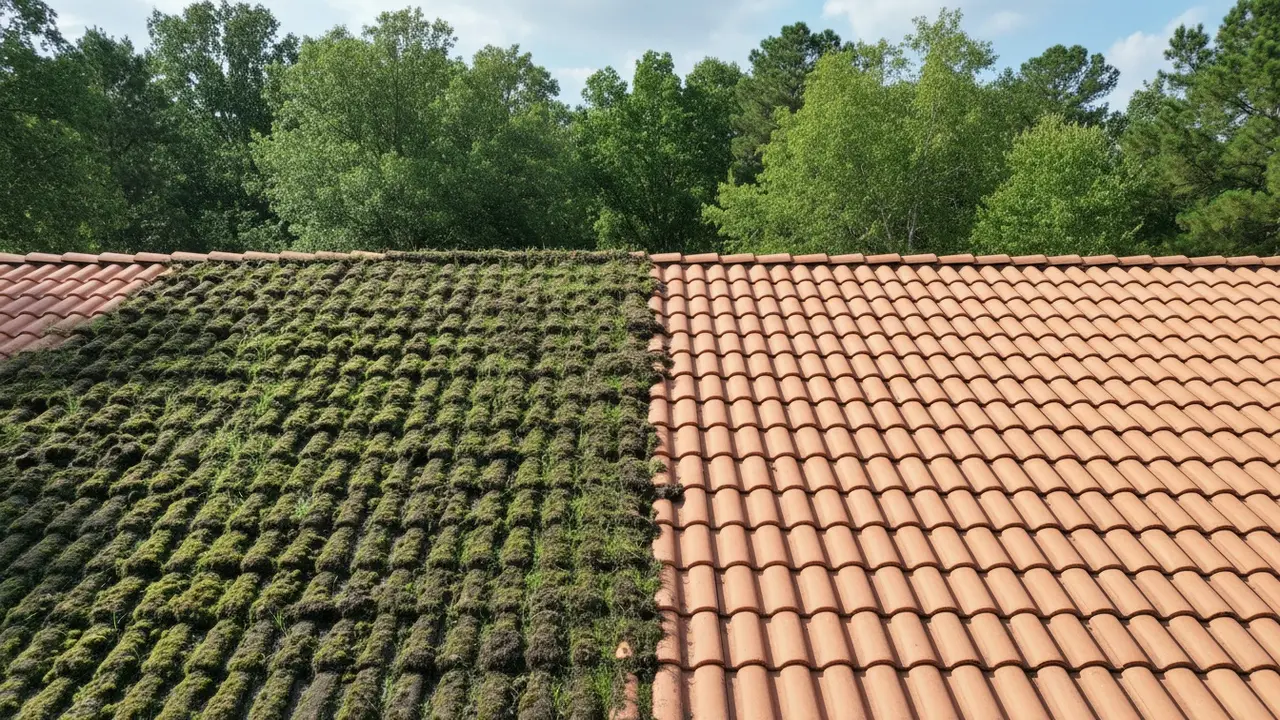 Halvt tag dækket af grønne alger og halvt rent tag med oprindelig farve