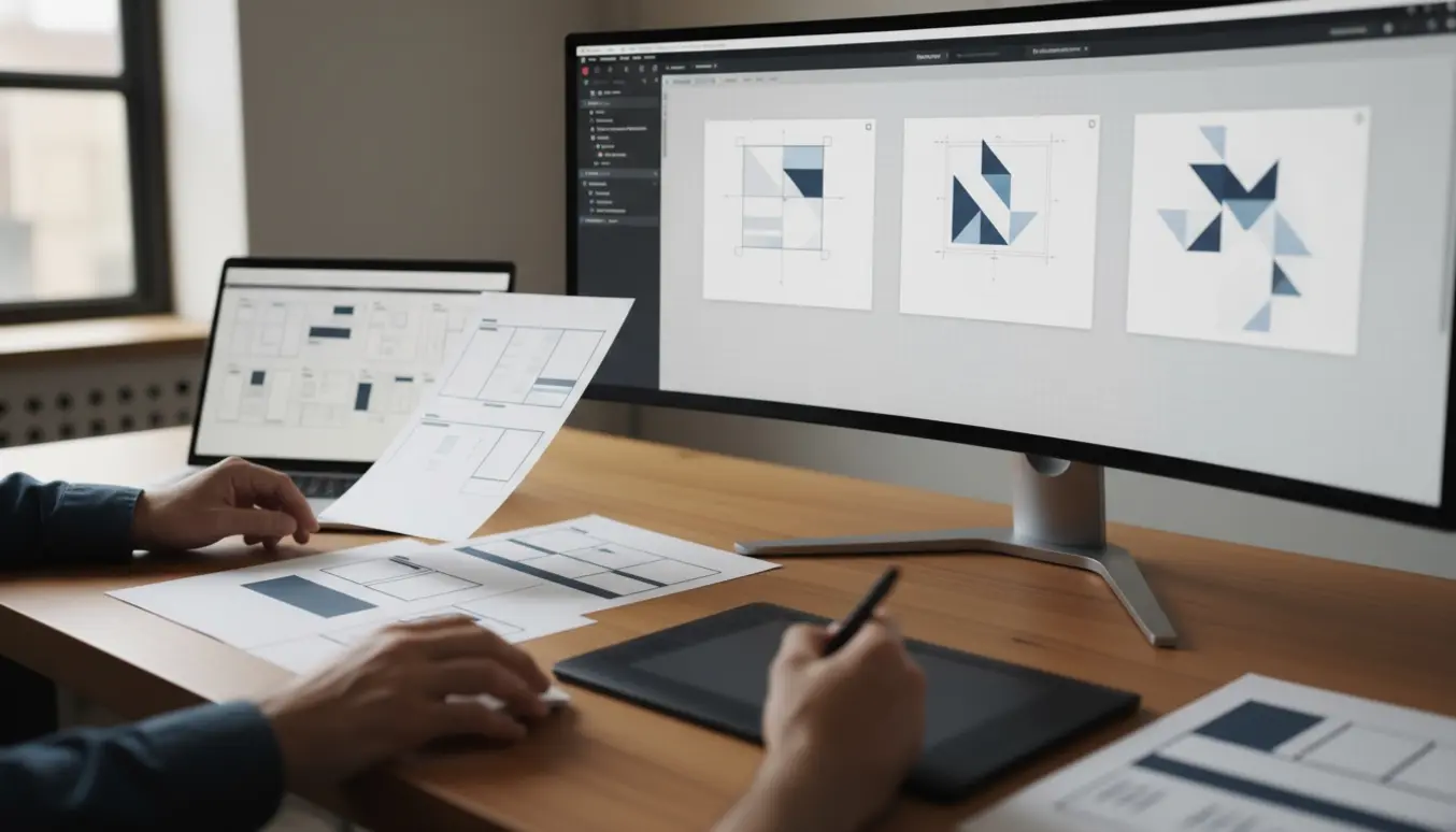 Arbejdspult med skærm, designeditor og spredte dokumenter mens hænder konverterer papirdokumenter til en digital designfil.