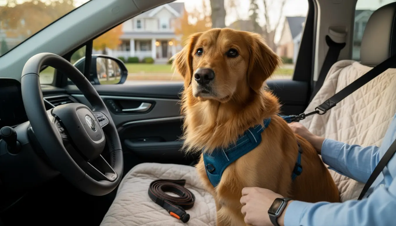 En hund sidder i bilens bagsæde iført sele og tæppe, klar til at blive kørt hjem.