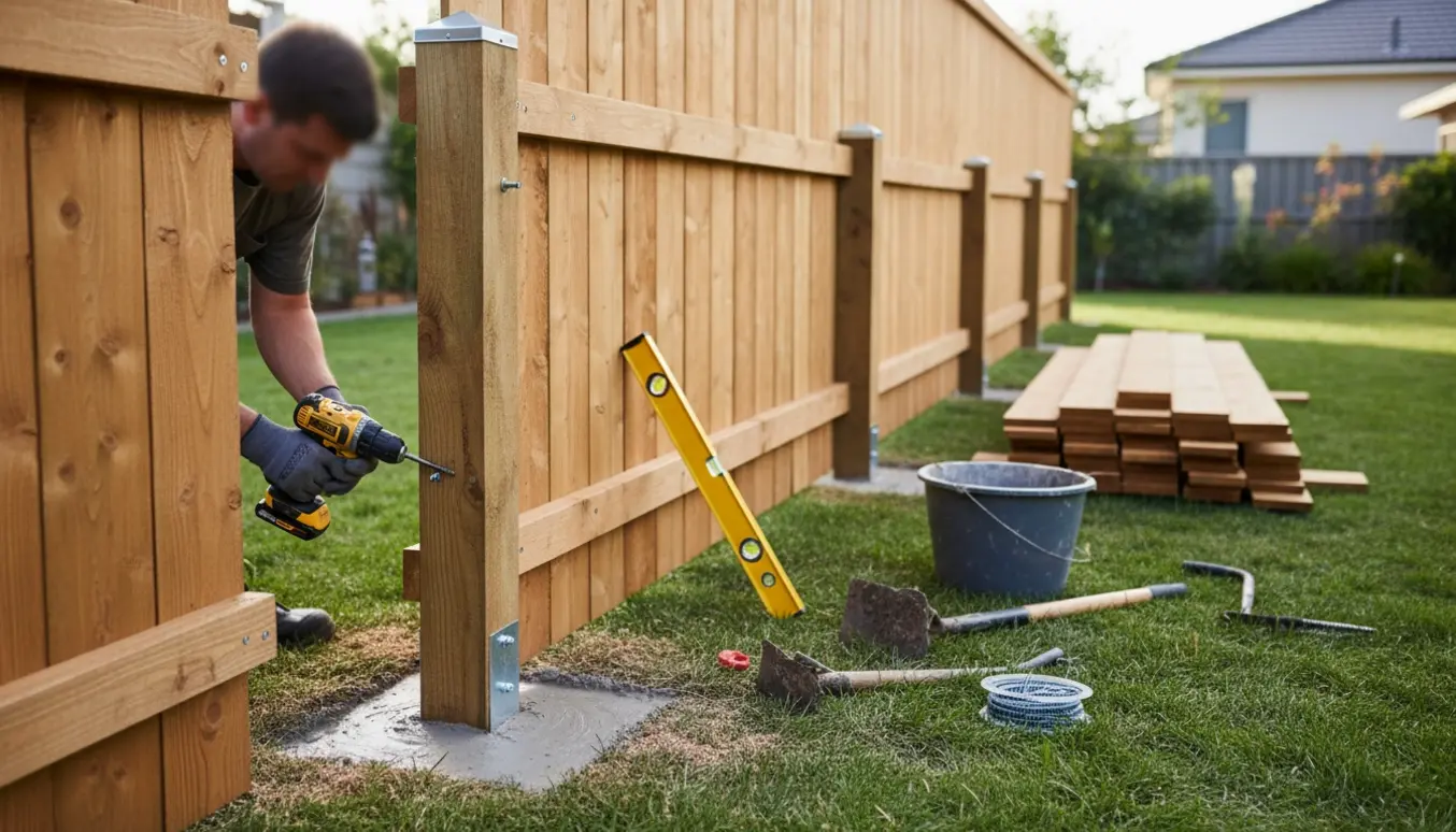Nyopført enkelt hegn i træ med to fag og tre nedstøbte pæle, værktøj og brædder ved siden af.