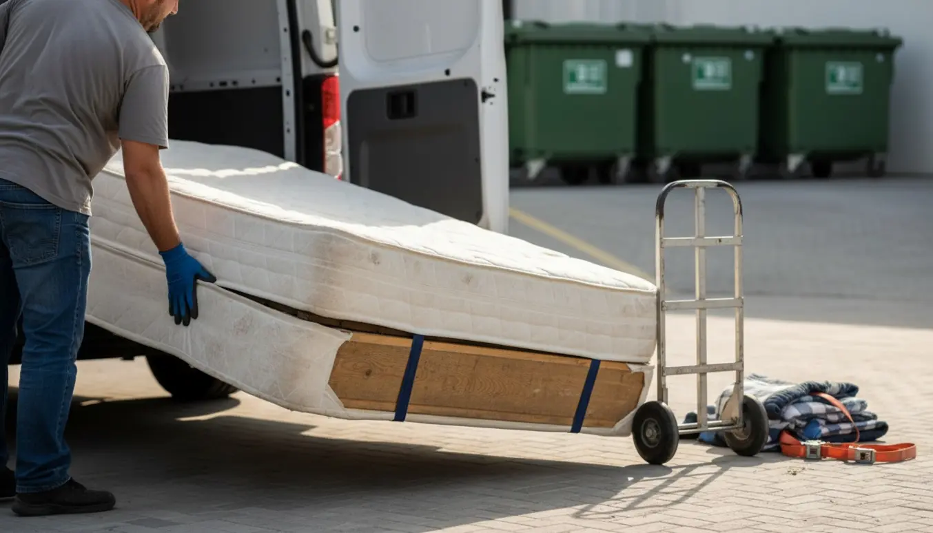 En 140 cm boksmadras med indbygget ramme læsses i en varebil ved en genbrugsstation.