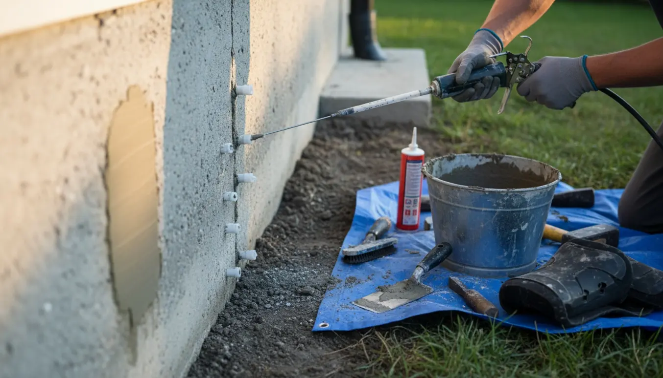 Nærbillede af hænder, der reparerer revner i et husfundament med injektionsporte og murværktøj i dagslys.