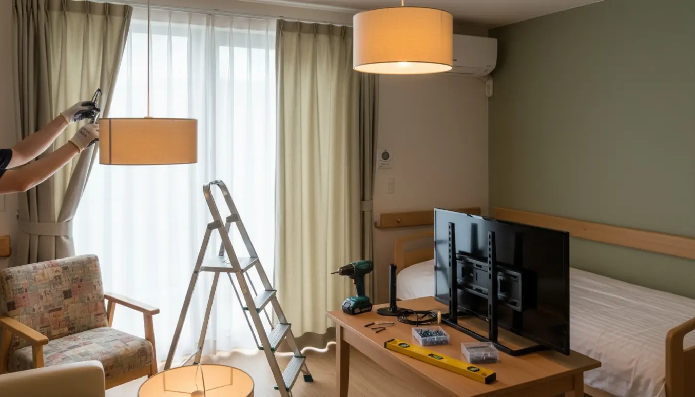 Hænder hænger gardiner, monterer lamper og gør klar til at sætte et TV op i et plejehjemsværelse.