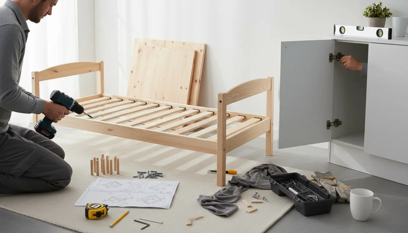 En håndværker samler en børneseng og justerer et skævt skab med værktøj i et lyst hjem.