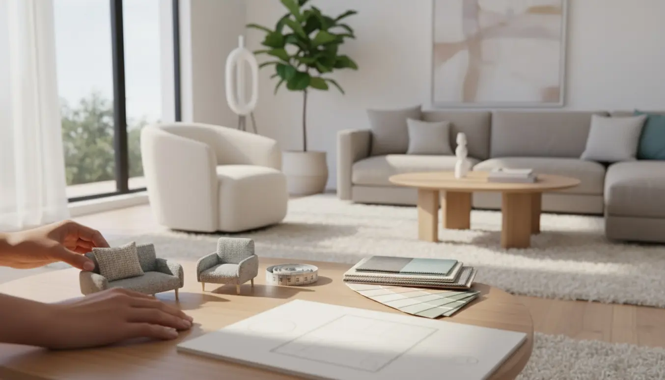 Lys, moderne stue med møbelmodeller, stofprøver og hænder, der justerer en pude for at planlægge møbelplacering.