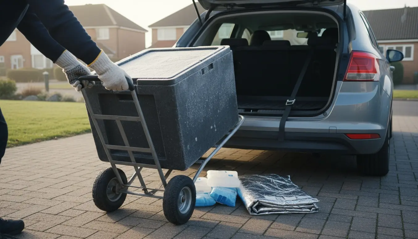 En person læsser en frostbelagt isoleret kasse ind i bagagerummet på en bil på en indkørsel.