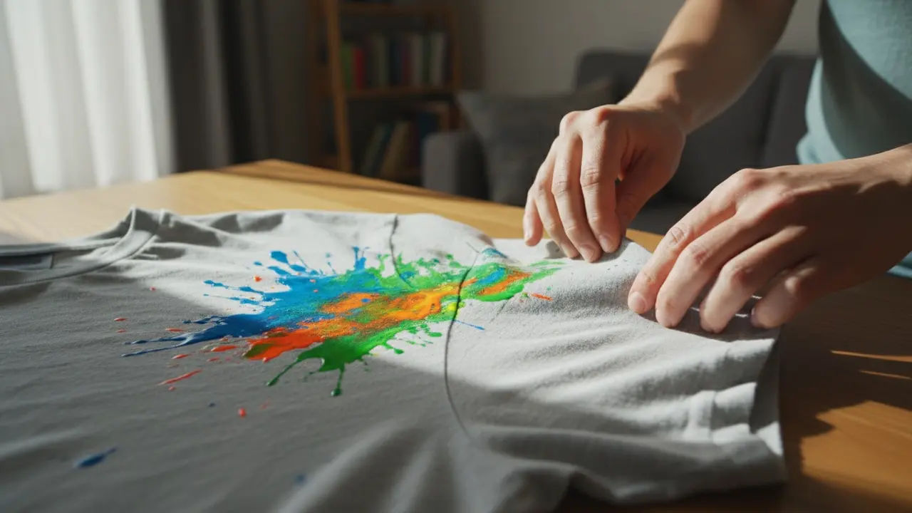 Nærbillede af tøj med friske neon UV-maling pletter og hænder der inspicerer stoffet