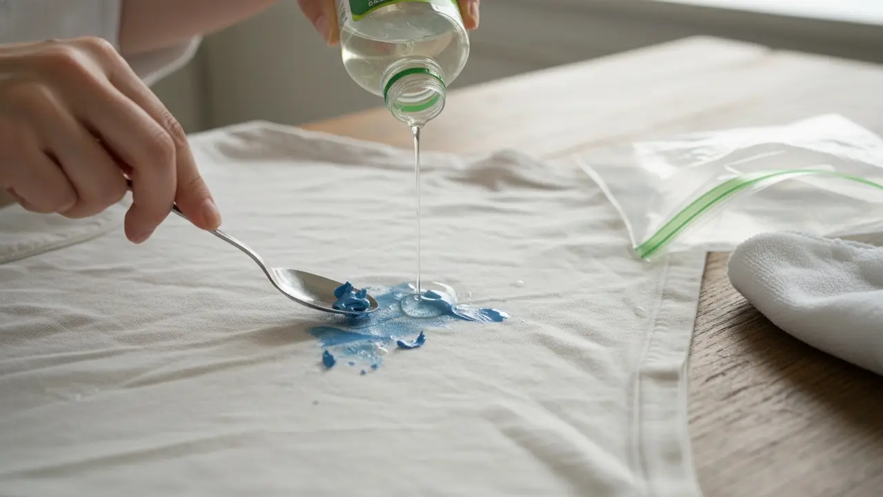 Hænder skraber overskydende maling af og påfører opvaskemiddel på en tøjplet ved et bord