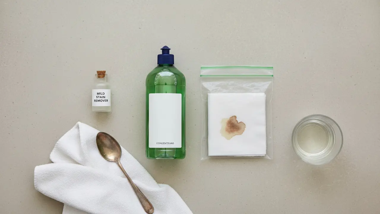 Fladt opstillet billede af opvaskemiddel, lufttæt pose, klæde, ske og mild pletfjerner