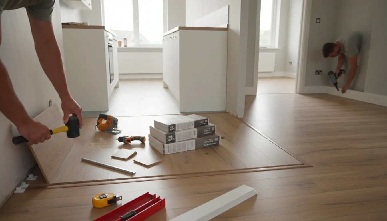 Nærbillede af montering af klikvinyl og laminatgulve med fodlister og værktøj i et lyst hjem.