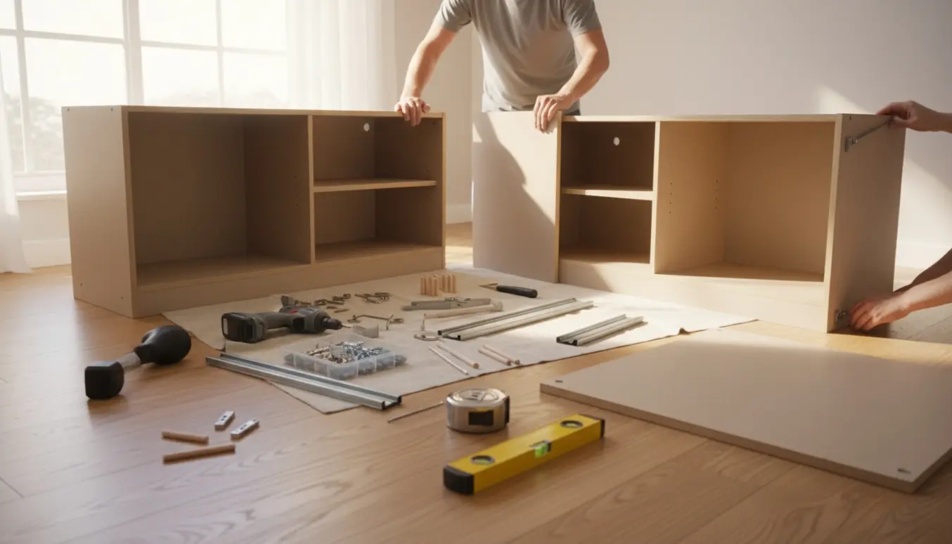Hænder samler tre fladepakkede skabe på et lyst trægulv med skruer, beslag og værktøj spredt omkring.