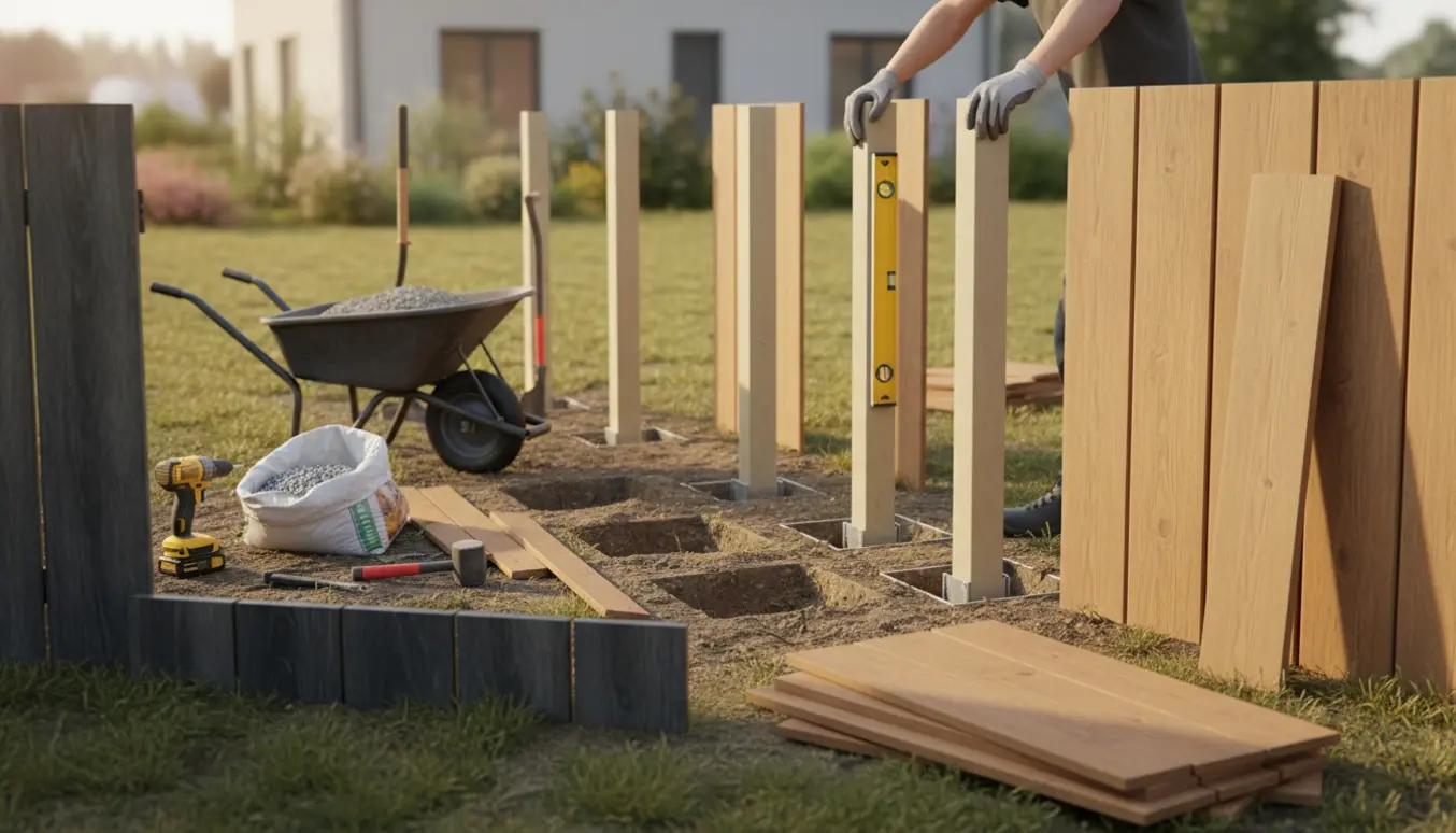 Nyt højere komposithegn forberedes i en baghave med genbrugte firkantede stolpehuller og værktøj klar.