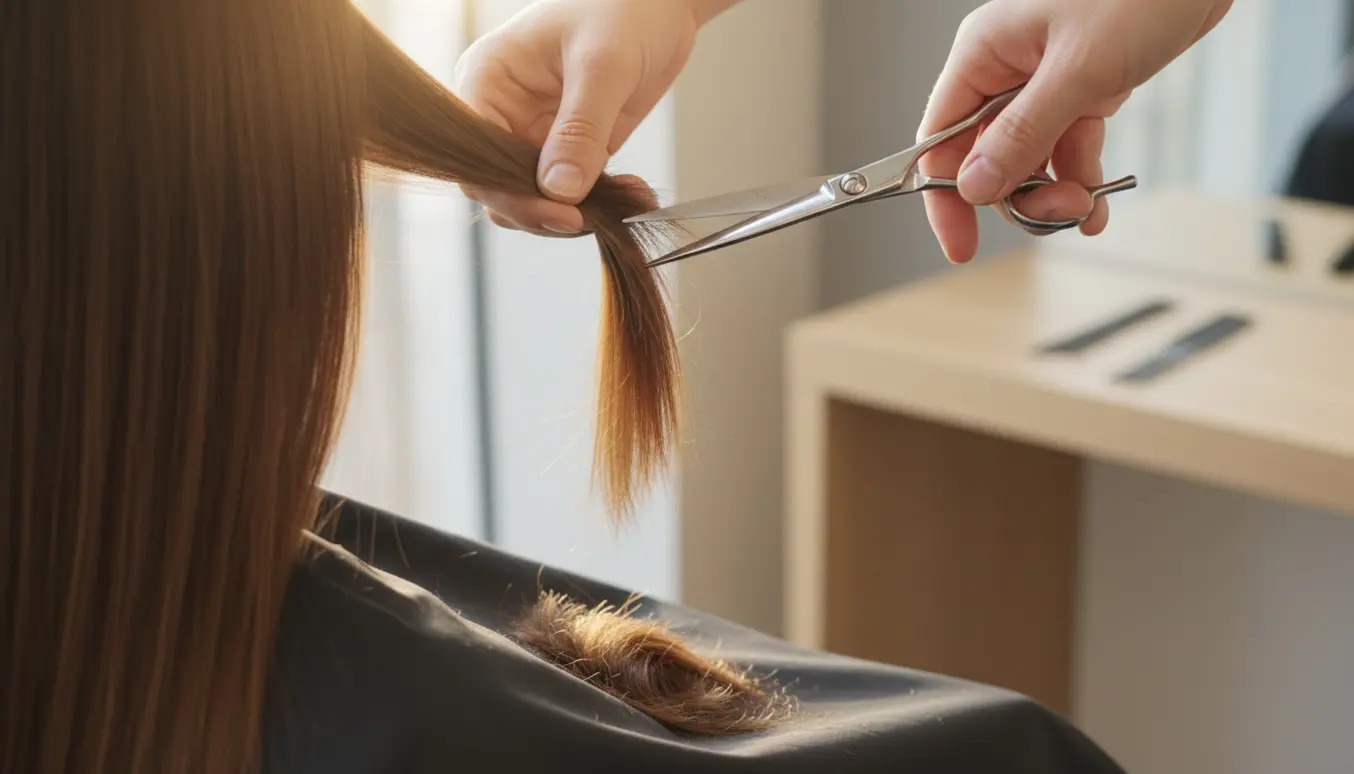 Nærbillede af en frisør, der klipper cirka 6–7 cm af langt hår set bagfra med saks og en lille bunke klippet hår på kappen.