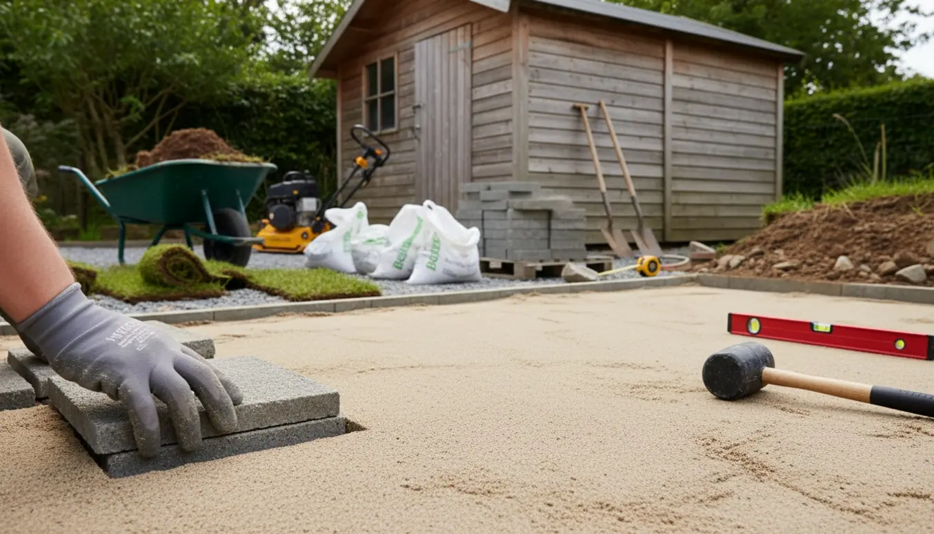Håndværker lægger 30x30 cm fliser ved et skur på en sandbund med stakke fliser og værktøj i baggrunden.